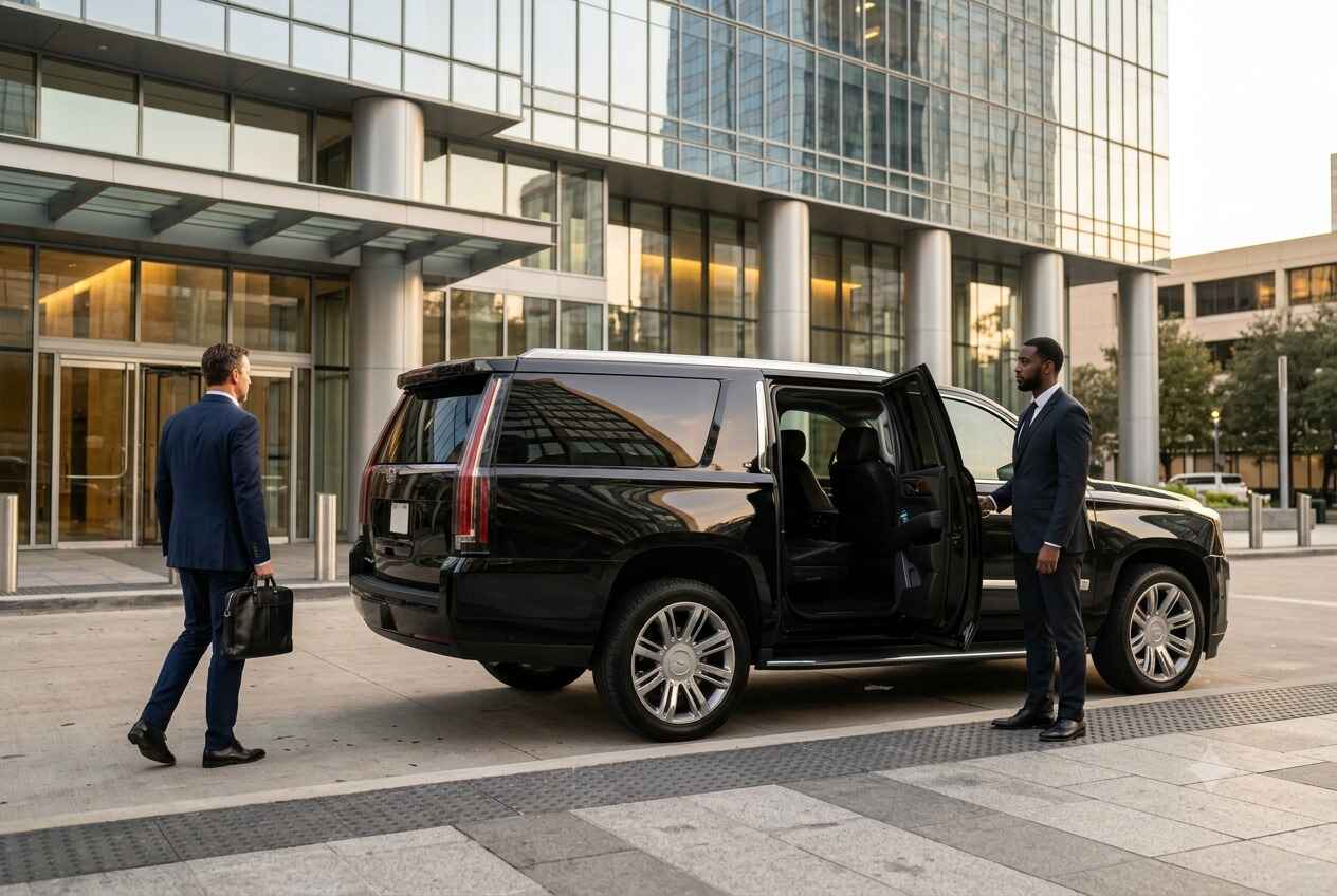 Black Cadillac Escalade executive SUV at Downtown Houston office building for airport transportation service