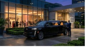 Stretch Cadillac Escalade ESV limousine at a Houston event