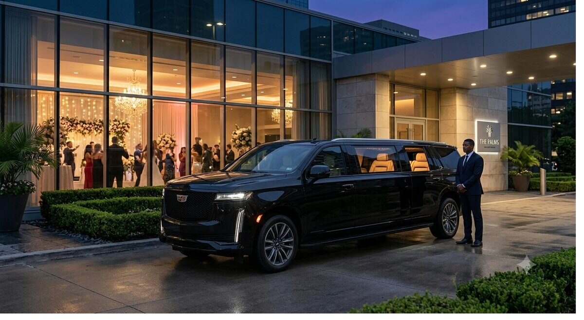 Stretch Cadillac Escalade ESV limousine at a Houston event by Elite Town Car Services
